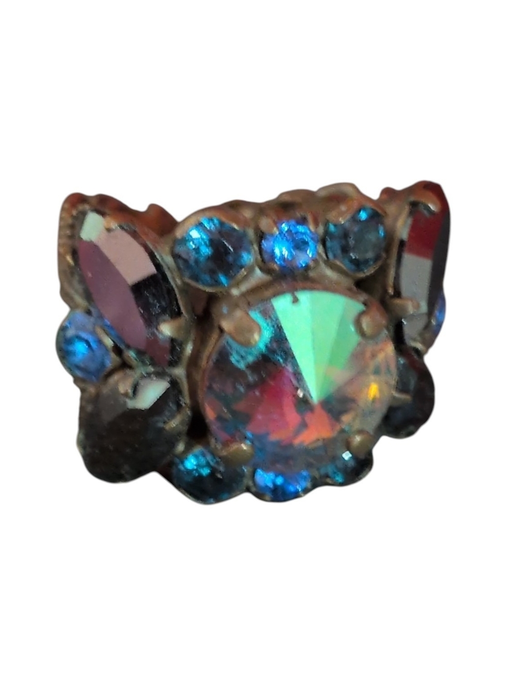 Gold Tone Multicolor Crystal Round Cluster Cocktail Ring, Adjustable Size